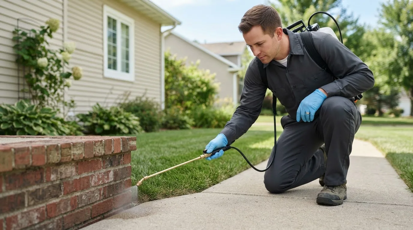 Pest control technician treating a home near Heavener, OK