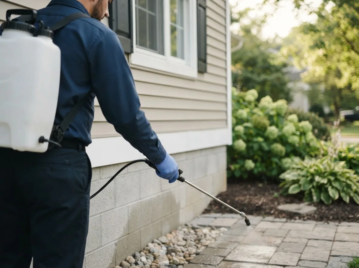 Pest control technician inspecting a home in Heavener, OK